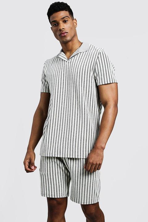 Towelling Stripe Revere Collar Polo & Short Set