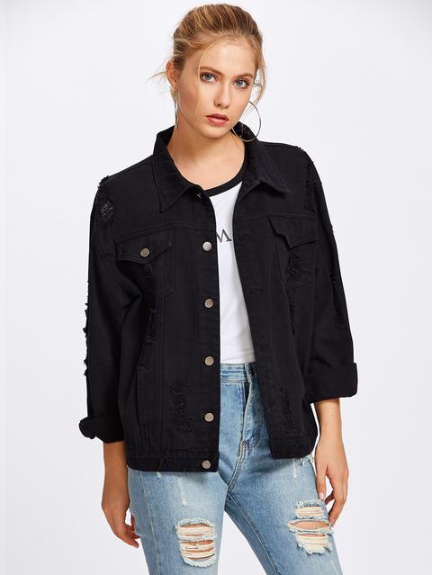 Cazadora Deshilachada En Denim Con Lavado Negro