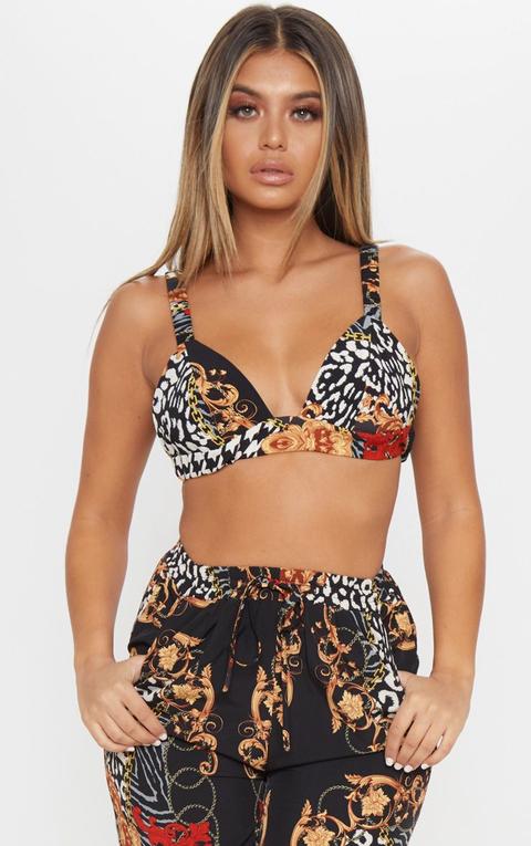 Black Mixed Print Satin Bralet