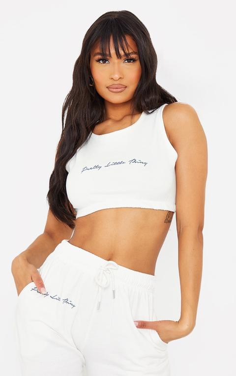 Prettylittlething Cream Cropped Embroidered Vest Top