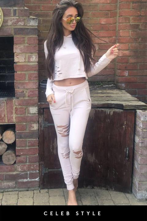 Megan Mckenna Nude Distressed Cropped Tracksuit