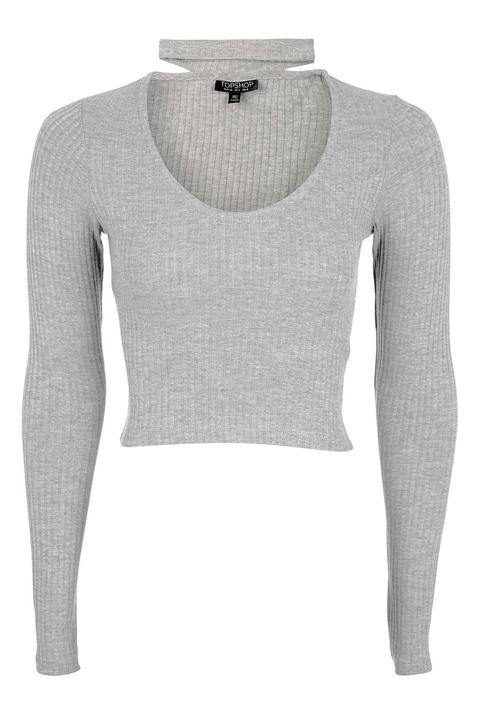 Womens Long Sleeve Choker Top - Grey Marl, Grey Marl