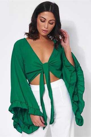 Valentina Green Tie Front Wide Sleeve Crop Top
