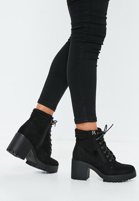 Black Mid Heel Cleated Hook And Eye Ankle Boots, Black