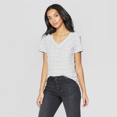 Women's Striped Short Sleeve V-neck Monterey Pocket T-shirt - Universal Thread Gray