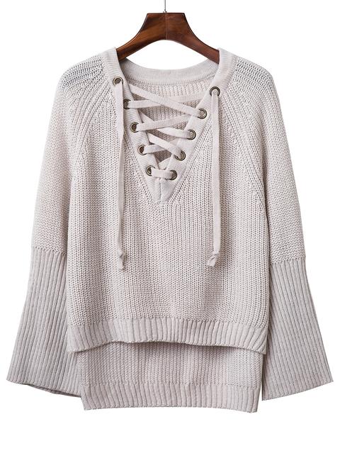 Grey V Neck Lace Up Raglan Sleeve Sweater