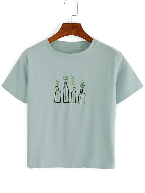 Green Plant Embroidered T-shirt