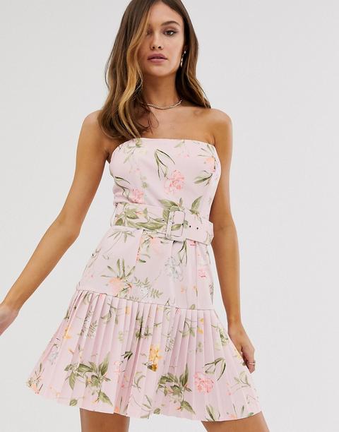 Asos Design Floral Bandeau Belted Pleated Mini Dress-pink