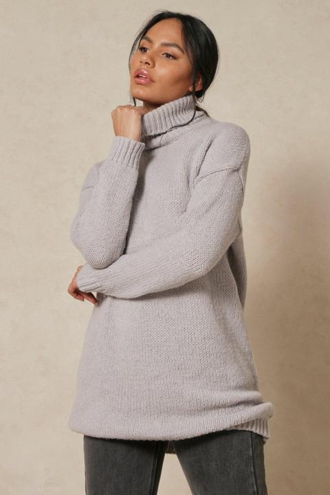 Womens Longline Oversized Roll Neck Jumper Grey