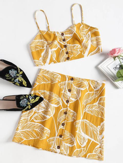 Cami Top E Gonna Stampa Foglia Con Bottoni Bright Yellow