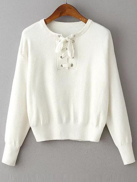 White Eyelet Lace Up Drop Shoulder Sweater