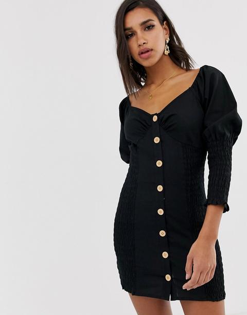 Minivestido Fruncido Con Botones De Asos Design-negro