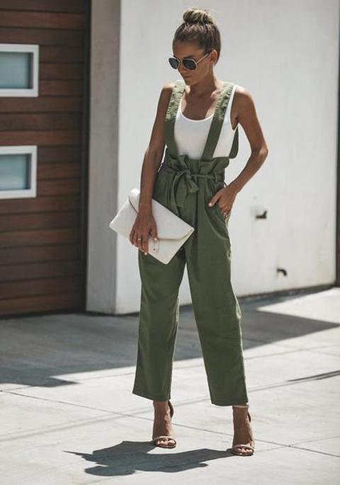 Army Green Drawstring Pockets High Waisted Casual Long Jumpsuit