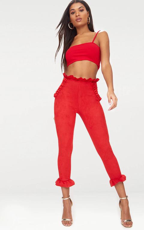 Red Faux Suede Frill Trim Trousers, Red