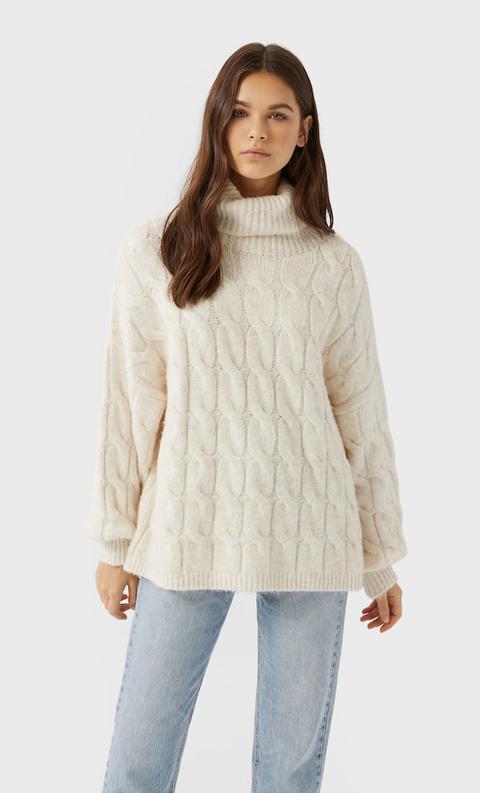 Stradivarius Pullover A Trecce Manica A Palloncino Femminile Ecru S