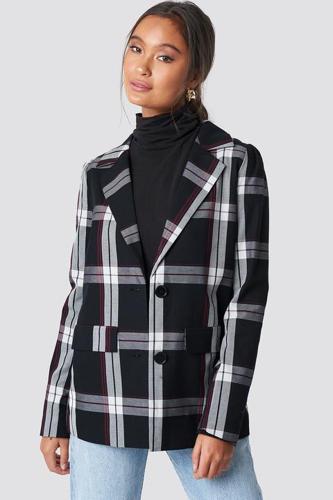 Oversized Puff Shoulder Blazer Checkered