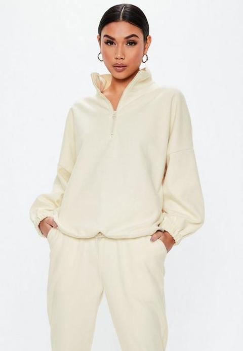 Cream Zip Up High Neck Toggle Sweatshirt, Cream