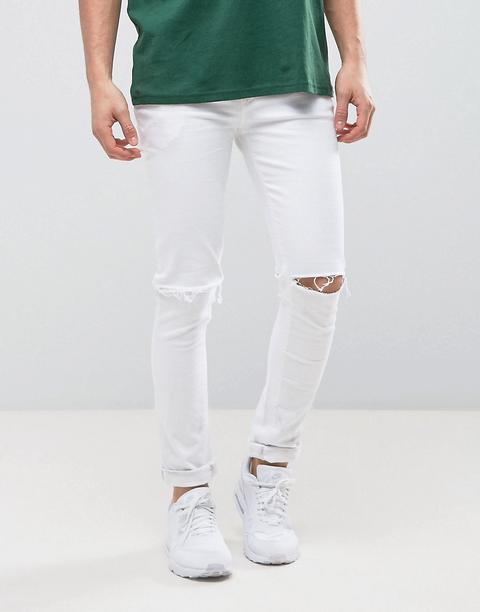 Asos Design - Jean Super Skinny Avec Déchirures Aux Genoux - Blanc - Blanc