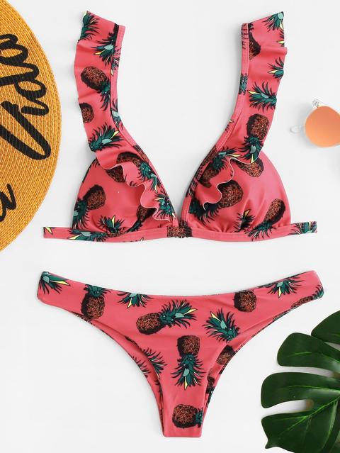 Pineapple Print Ruffle Bikini Set