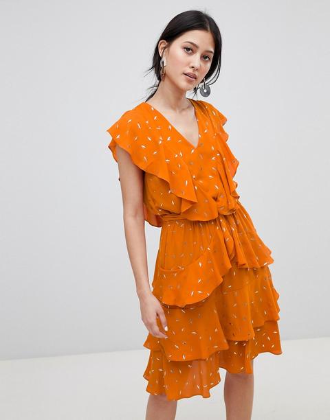 Vestido Midi Naranja De Volantes Con Estampado Metálico De Y.a.s