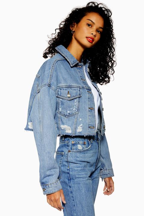 Womens Blue Ripped Hacked Denim Jacket - Mid Stone, Mid Stone