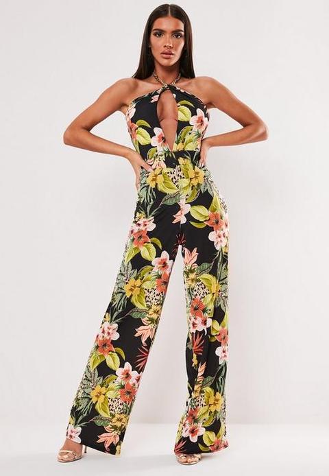 Black Tropical Floral Print Wide Leg Trousers, Black