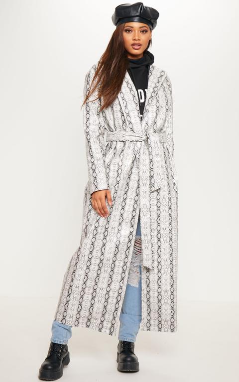 Tall Grey Pu Snake Print Belted Trench Coat