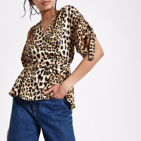 Brown Leopard Print Tie Side Wrap Top