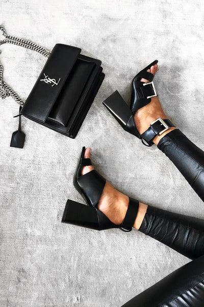 Black Buckle Block Heels - Cadie