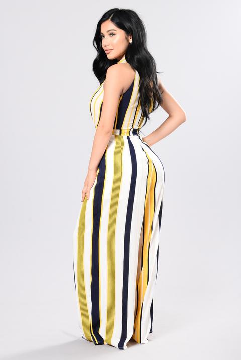navy and yellow jumpsuit