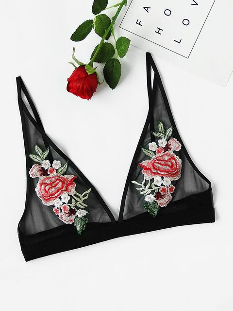 Brassière A Rete Con Applique Di Fiore Ricamato