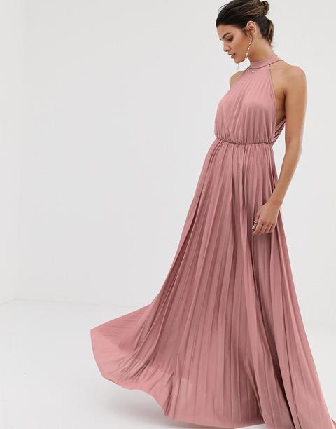 Vestido Largo Rosa Con Diseño Plisado, Cintura Alta Y Cuello Halter De Asos Design