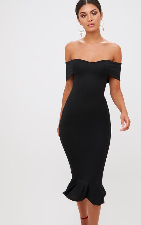 Black Bardot Frill Hem Midi Dress