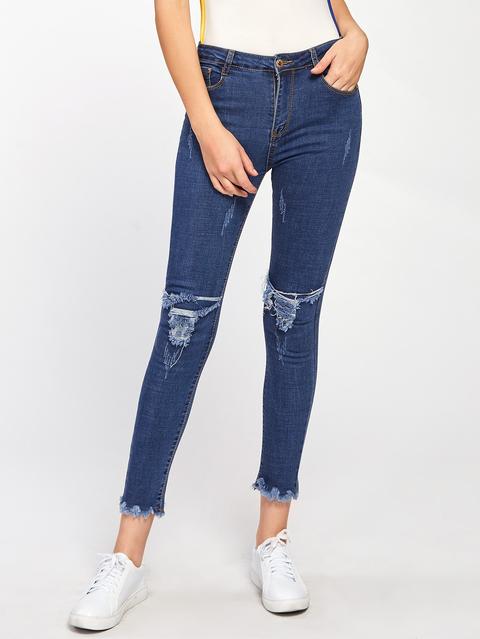 Ripped Knee Frayed Hem Jeans