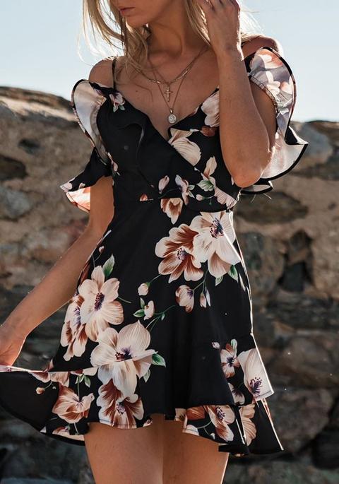 Mini Abito Arricciacapelli Floreale Con Cinturino In Tulle Senza Schienale Spiaggia Dolce E Bohémien Nero