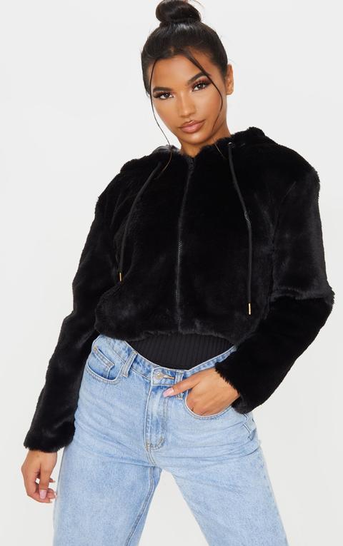 Black Faux Fur Cropped Hooded Jacket