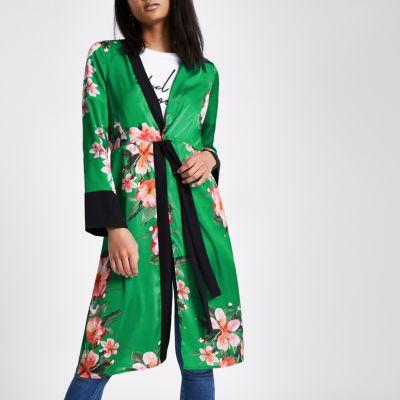 Green Floral Print Twist Front Kimono