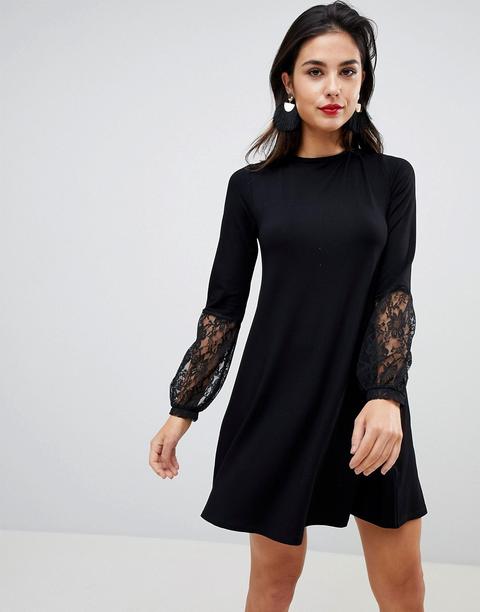 Asos - Vestito Svasato Con Scollo A V Sul Retro E Maniche In Pizzo - Nero