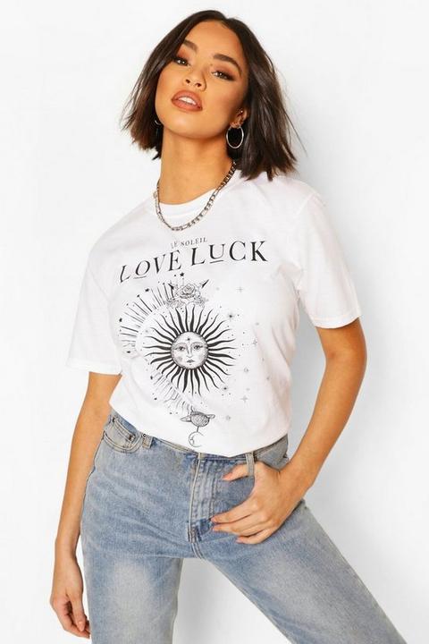 Womens Love Luck Slogan Print T-shirt - White - S, White