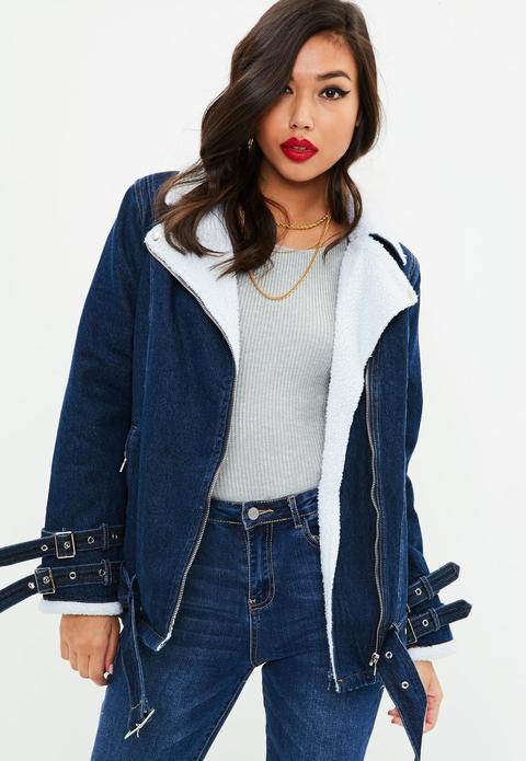 Blue Borg Lined Denim Aviator Jacket, Blue