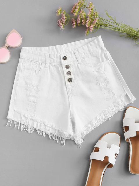 Shorts In Denim Con Bottone Sfrangiato Sfregiato