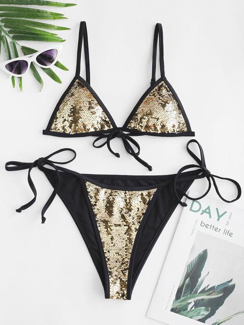 Zaful Paillettes Tie Side String Bikini Set Medium Sea Green Champagne Gold