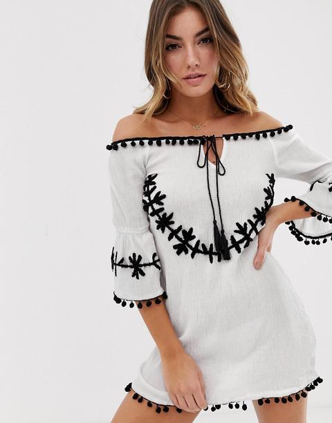 Esclusiva Boohoo - Vestito Da Mare Con Scollo Alla Bardot E Ricami Bianco - Multicolore