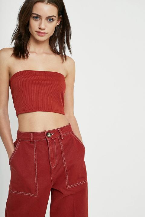 Uo Red Rib Knit Bandeau Top - Womens L