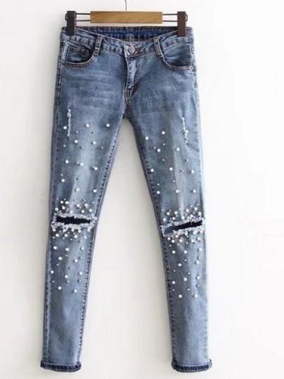 Blau Ebene Cut Out Taschen Knopfe Perlen Mode Lange Ripped Jeans Damen Mode From Cichic On 21 Buttons