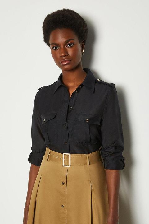 Karen Millen Silk Cotton Shirt With Pockets -, Navy