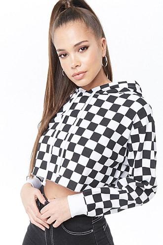 Forever 21 Checkered Cropped Hoodie White/black