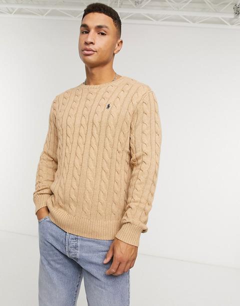 Polo Ralph Lauren Player Logo Cotton Cable Knit Jumper In Beige Marl-neutral