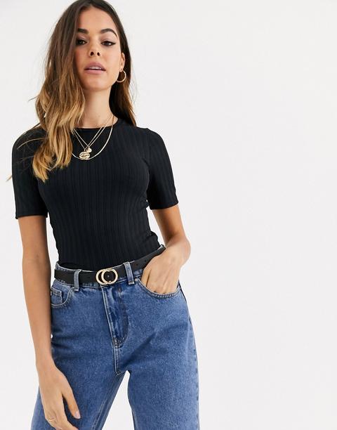 Miss Selfridge Short Sleeve Ribbed T-shirt In Black