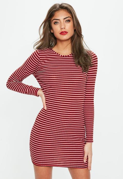 Petite Red Stripe Long Sleeve Dress, Red